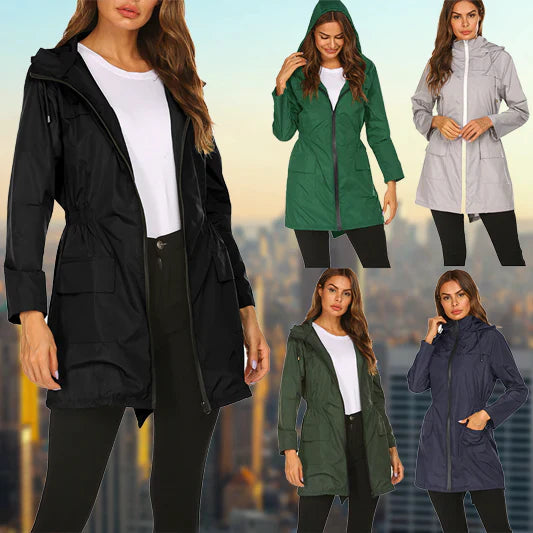 Women's outdoor rain hooded jacket with zip closure