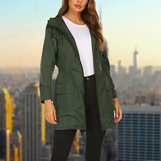 Women's outdoor rain hooded jacket with zip closure