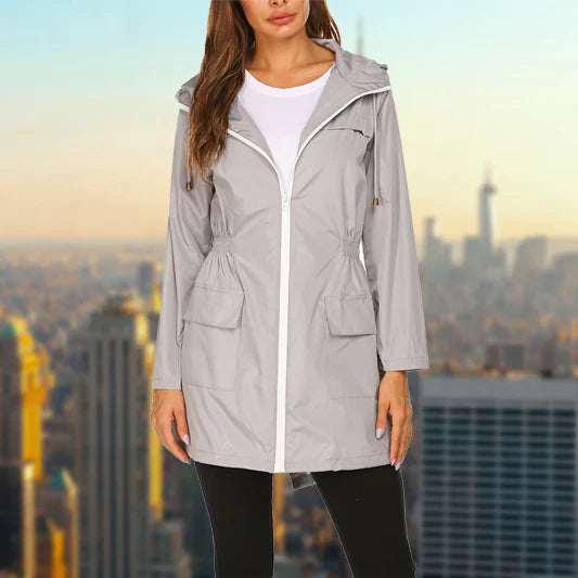 Women's outdoor rain hooded jacket with zip closure