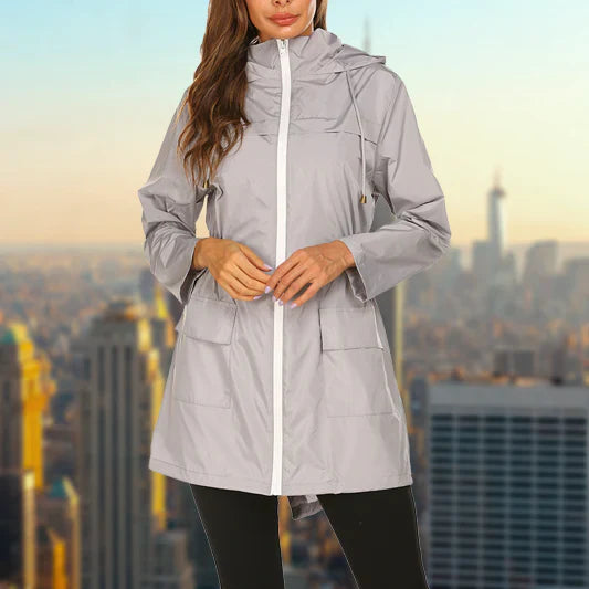 Women's outdoor rain hooded jacket with zip closure