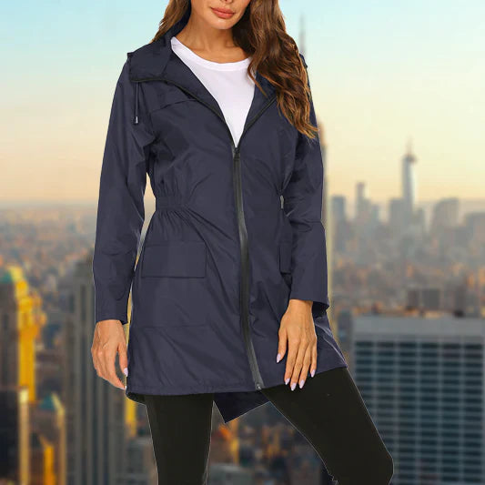 Women's outdoor rain hooded jacket with zip closure