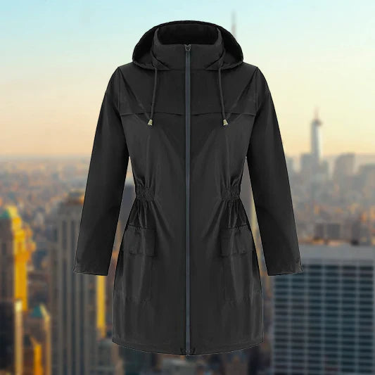 Women's outdoor rain hooded jacket with zip closure