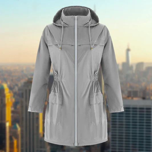 Women's outdoor rain hooded jacket with zip closure