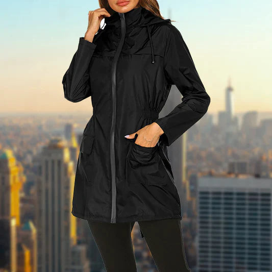 Women's outdoor rain hooded jacket with zip closure