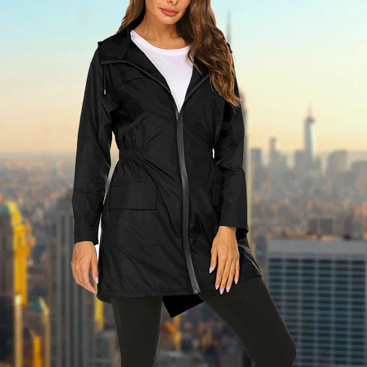 Women's outdoor rain hooded jacket with zip closure