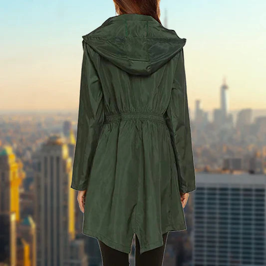 Women's outdoor rain hooded jacket with zip closure