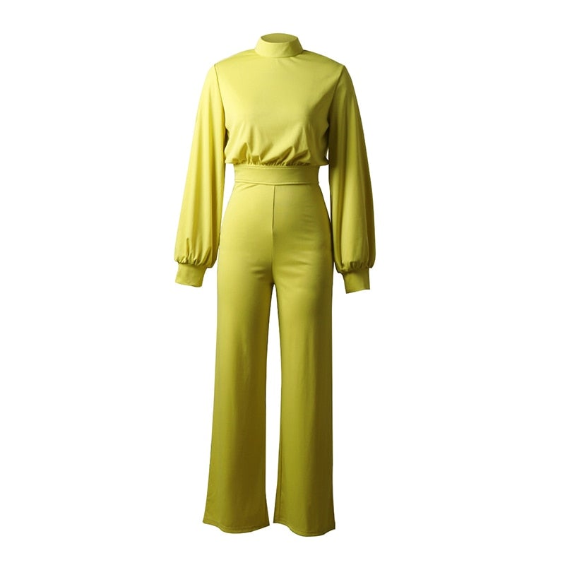 Women's Jumpsuit - High Neck - Long Puff Sleeves - Fitted Waist - Wide Leg Elegant Style