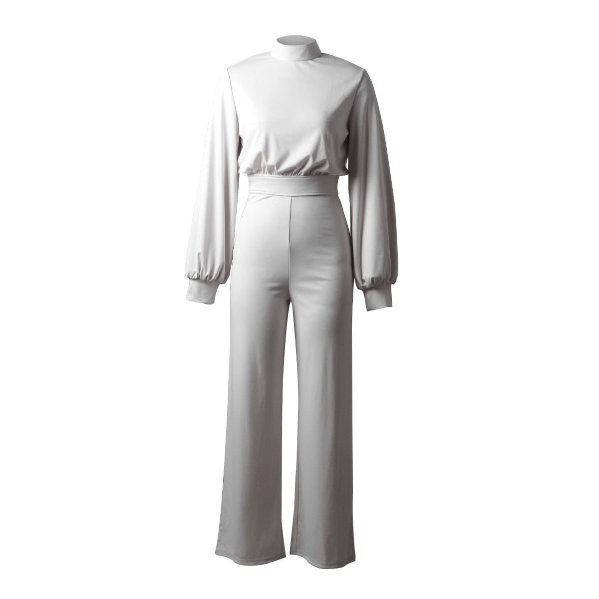 Women's Jumpsuit - High Neck - Long Puff Sleeves - Fitted Waist - Wide Leg Elegant Style