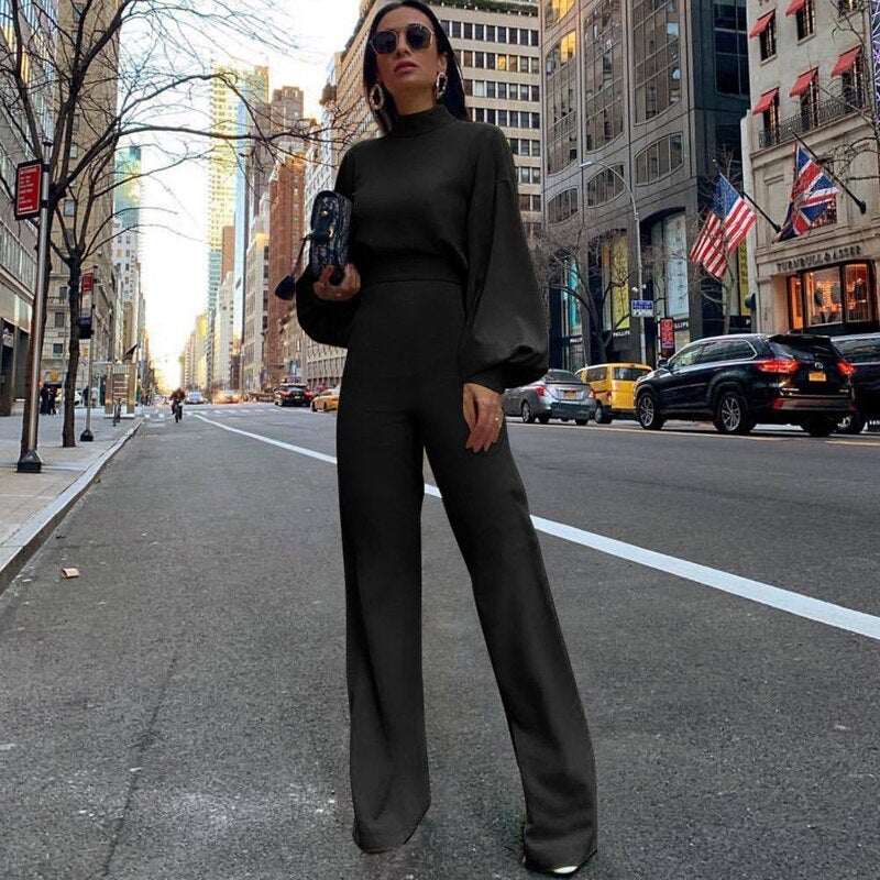 Women's Jumpsuit - High Neck - Long Puff Sleeves - Fitted Waist - Wide Leg Elegant Style