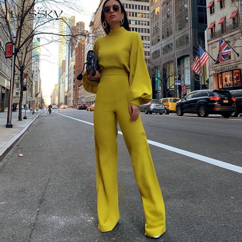 Women's Jumpsuit - High Neck - Long Puff Sleeves - Fitted Waist - Wide Leg Elegant Style