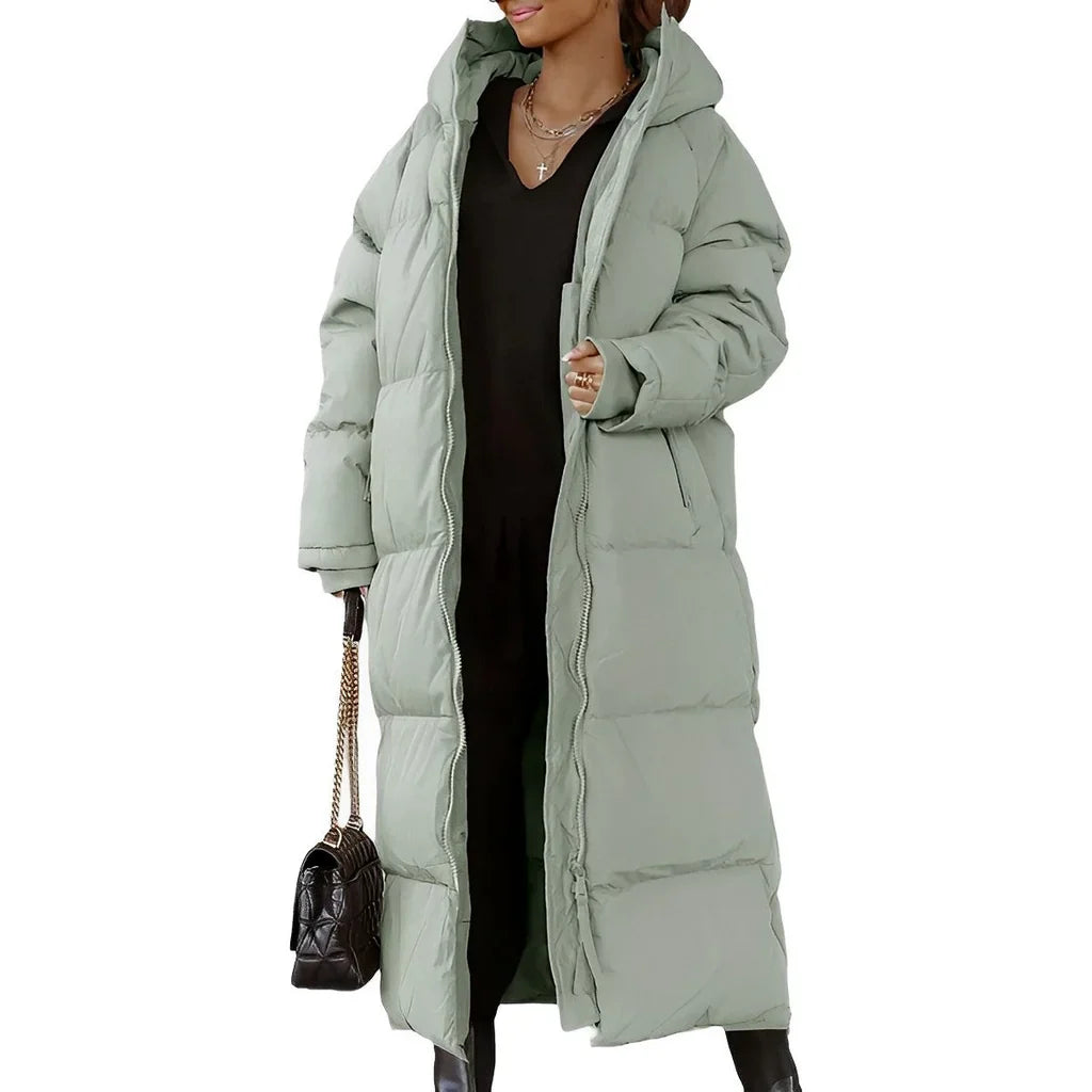 Women’s Long Coat – Oversized Fit – Quilted Padded Hooded Full-Length Outerwear