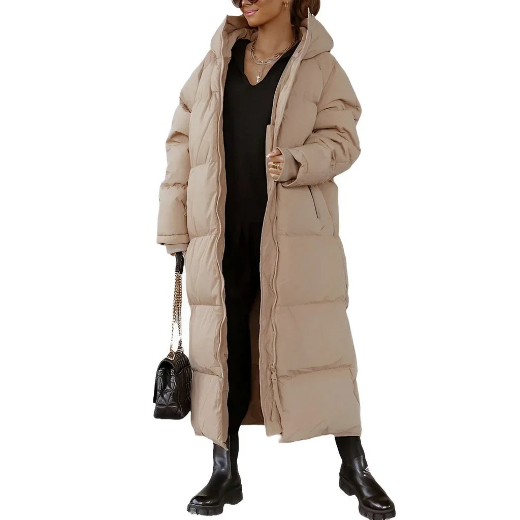 Women’s Long Coat – Oversized Fit – Quilted Padded Hooded Full-Length Outerwear