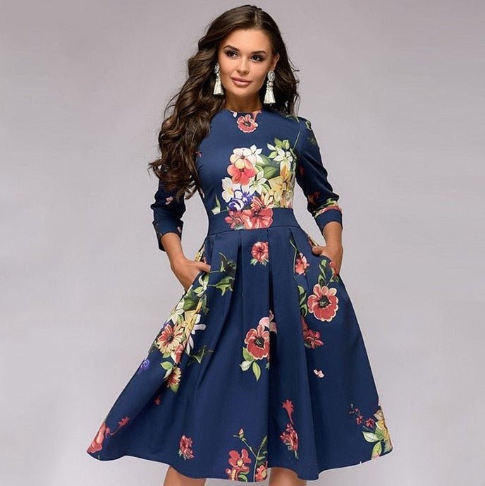 Women's A-Line Dress - Knee-Length - 3/4 Sleeve - Floral Print Elegant Fit