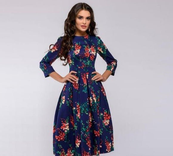 Women's A-Line Dress - Knee-Length - 3/4 Sleeve - Floral Print Elegant Fit