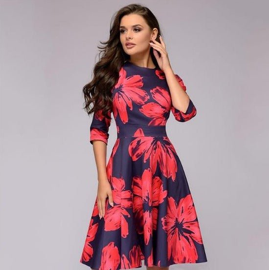 Women's A-Line Dress - Knee-Length - 3/4 Sleeve - Floral Print Elegant Fit