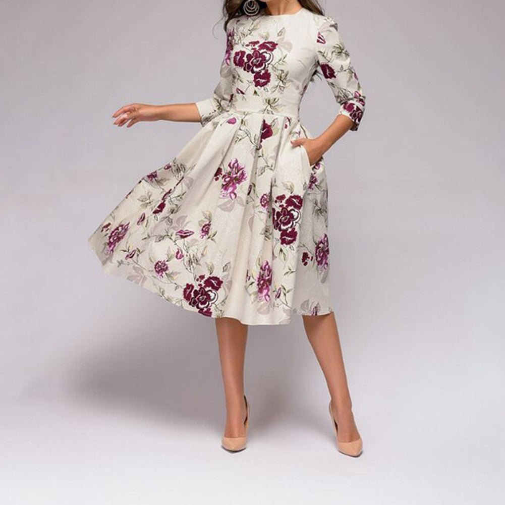 Women's A-Line Dress - Knee-Length - 3/4 Sleeve - Floral Print Elegant Fit