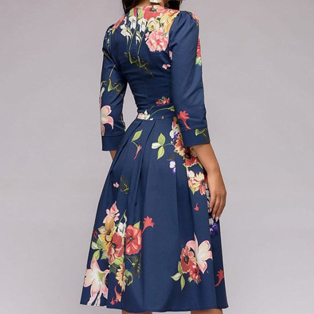 Women's A-Line Dress - Knee-Length - 3/4 Sleeve - Floral Print Elegant Fit