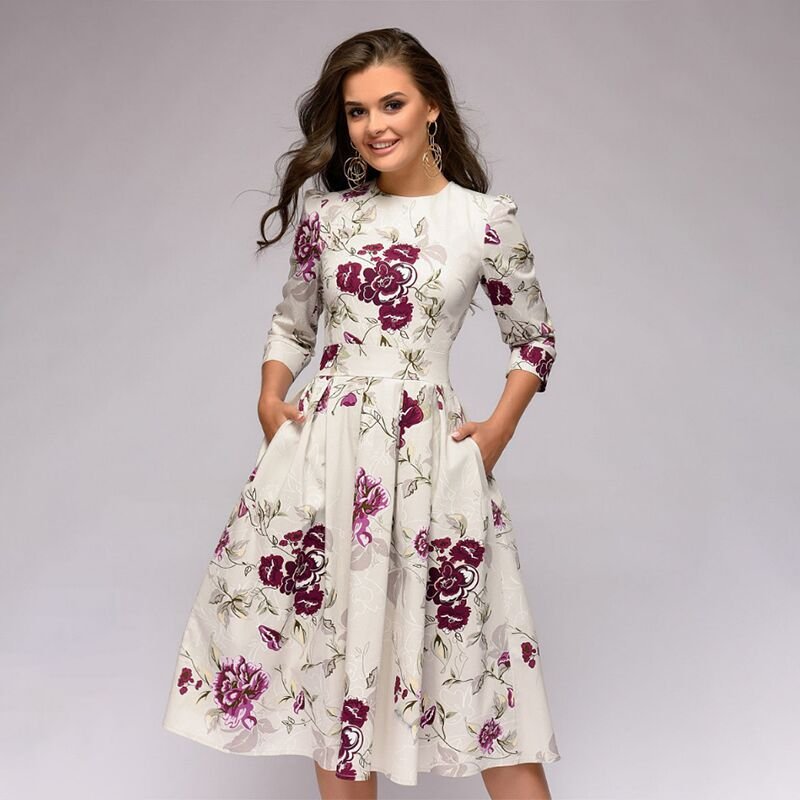 Women's A-Line Dress - Knee-Length - 3/4 Sleeve - Floral Print Elegant Fit
