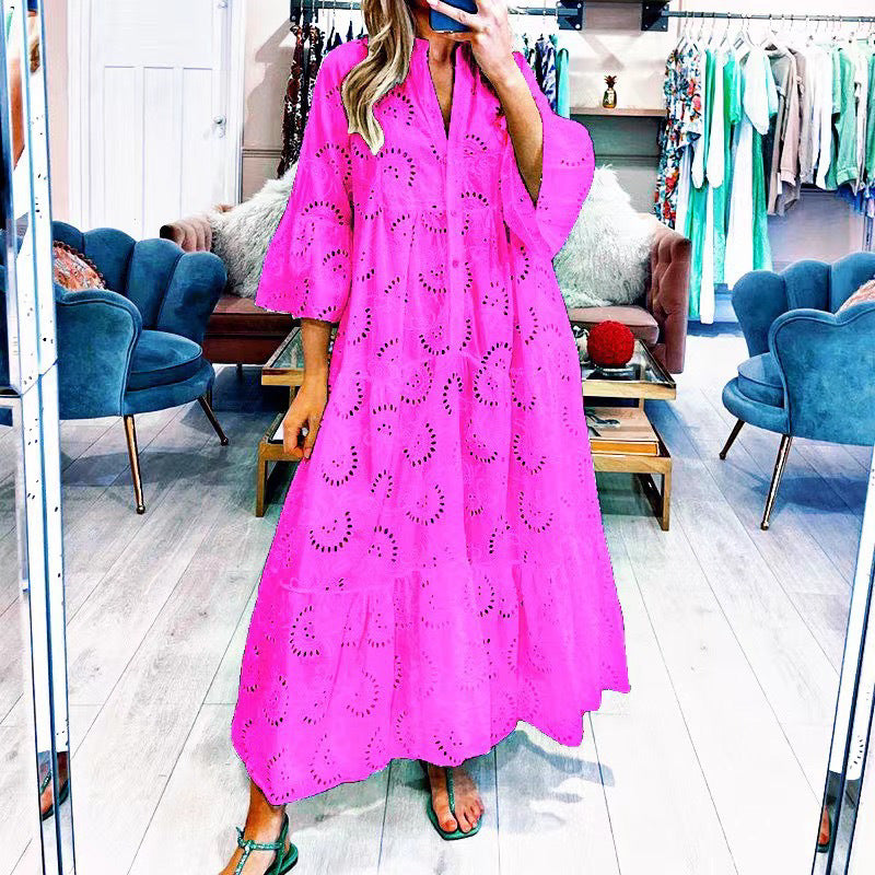 Women's Maxi Dress - Eyelet Lace - V-Neck - 3/4 Sleeve - Flowing Tiered Hem
