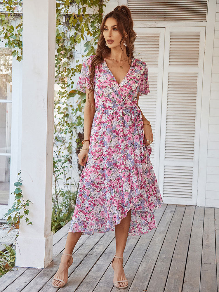 Floral Print Flowing Wrap Maxi Dress