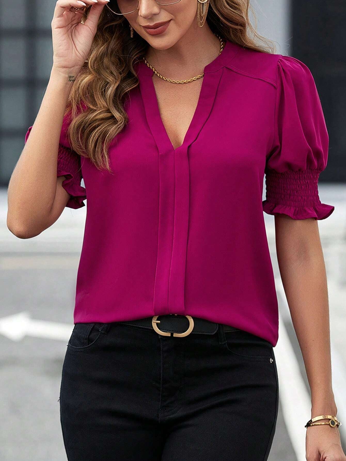 Women's Blouse - V-Neck - Short Ruched Sleeves - Relaxed Fit - Versatile Casual Wear