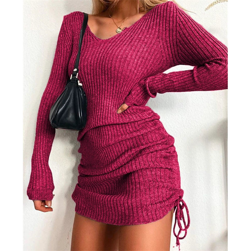 Women's Ribbed Knit Sweater Dress - V-Neck - Long Sleeve - Adjustable Drawstring Fit