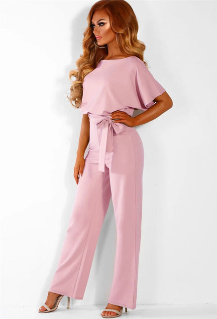 Women's Jumpsuit - Wide Leg Flowy Fit - Short Sleeve Boat Neck - Tie Waist Elegant Style