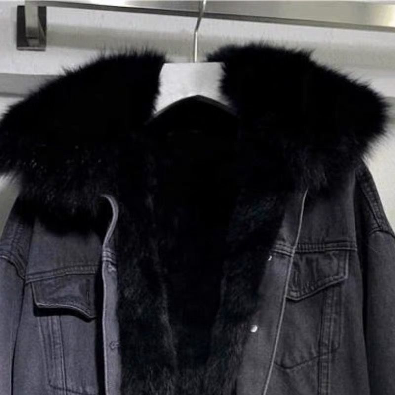 Women's casual fur hooded denim jacket