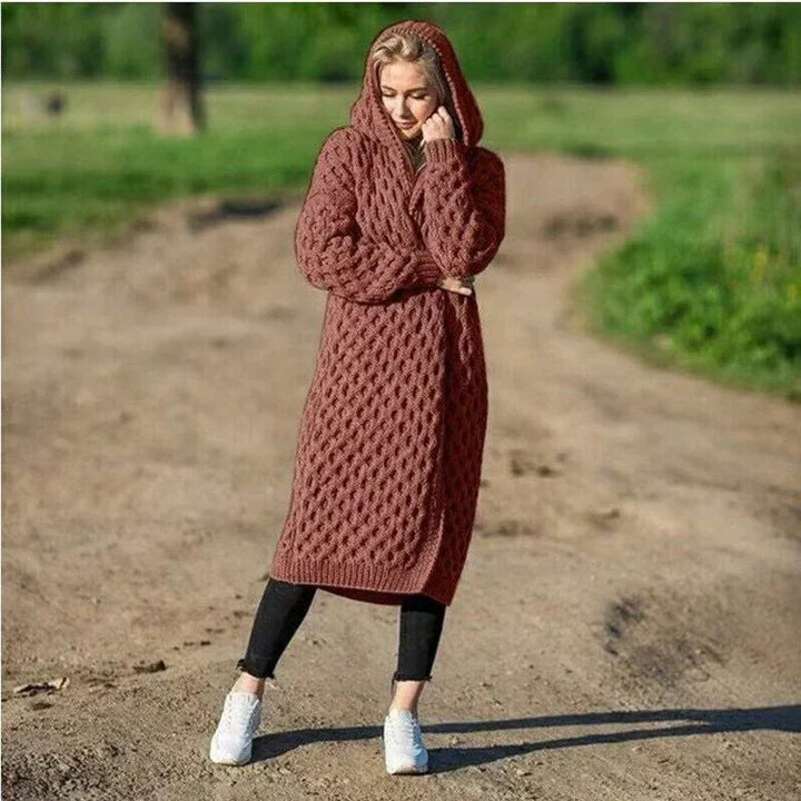 Women’s Hooded Cardigan – Chunky Knit – Relaxed Fit – Cable Pattern – Long Length