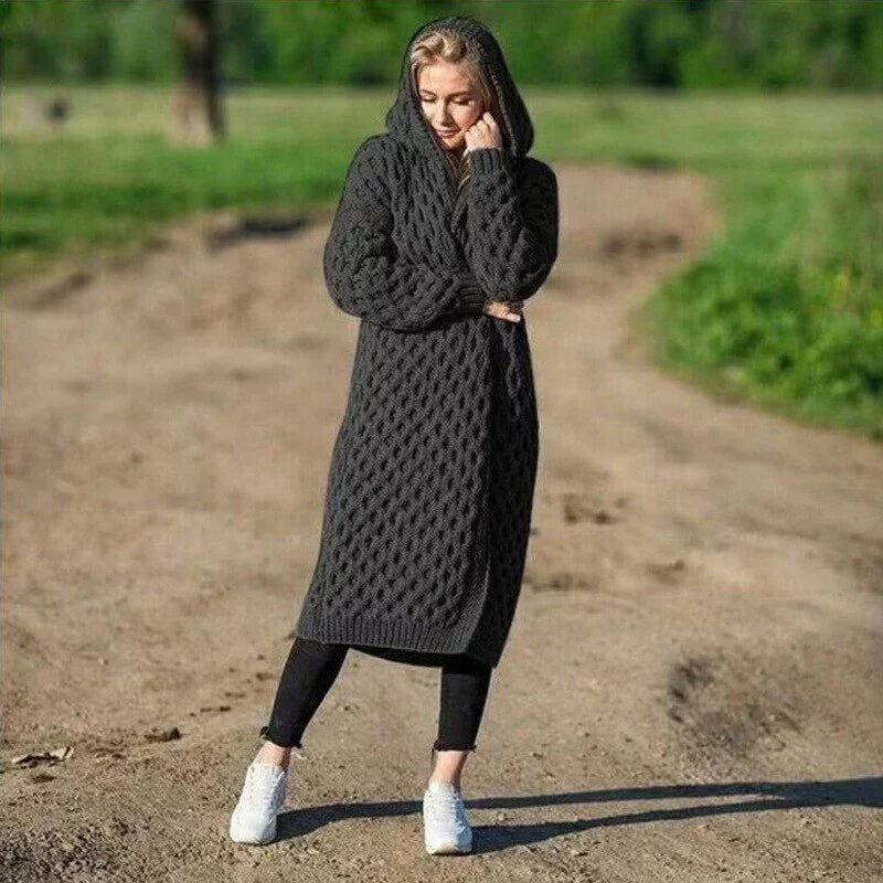 Women’s Hooded Cardigan – Chunky Knit – Relaxed Fit – Cable Pattern – Long Length