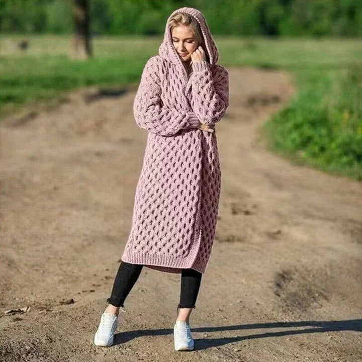 Women’s Hooded Cardigan – Chunky Knit – Relaxed Fit – Cable Pattern – Long Length