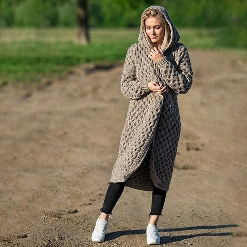 Women’s Hooded Cardigan – Chunky Knit – Relaxed Fit – Cable Pattern – Long Length