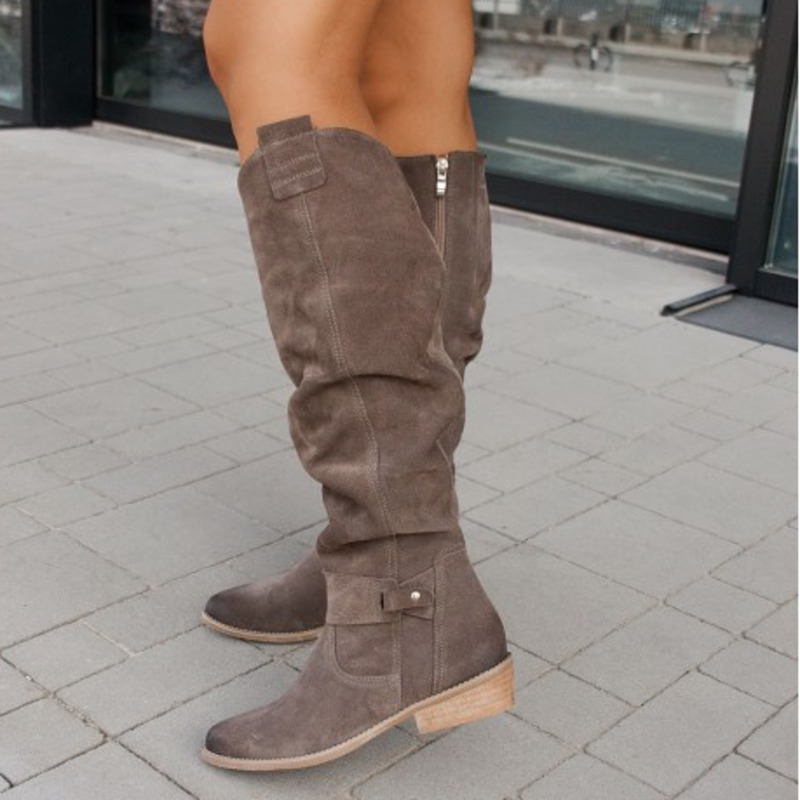 Women's low-heel round-toe boots with side zipper and metal buckle