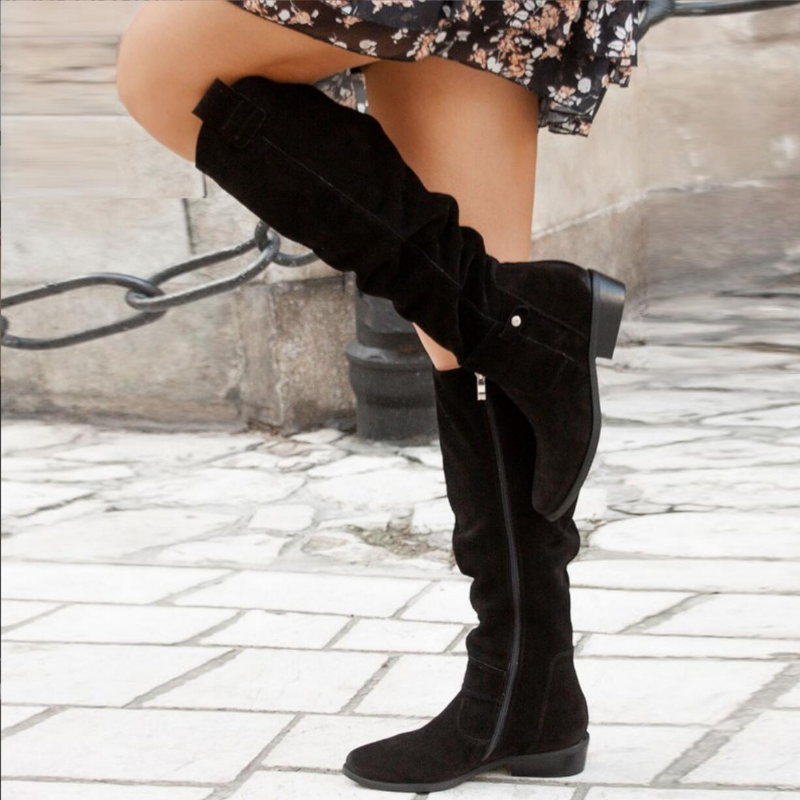 Women's low-heel round-toe boots with side zipper and metal buckle