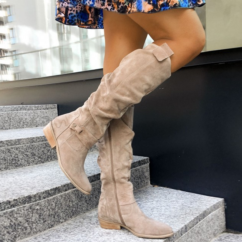 Women's low-heel round-toe boots with side zipper and metal buckle