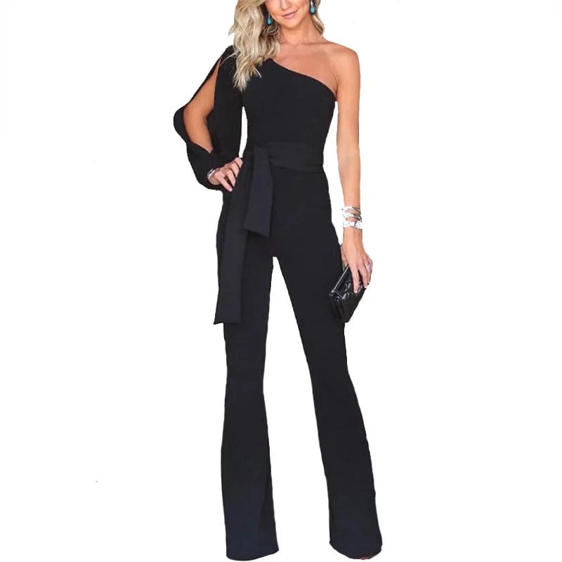Women's One-Shoulder Jumpsuit - Belted Waist - Wide-Leg Elegant Party Wear