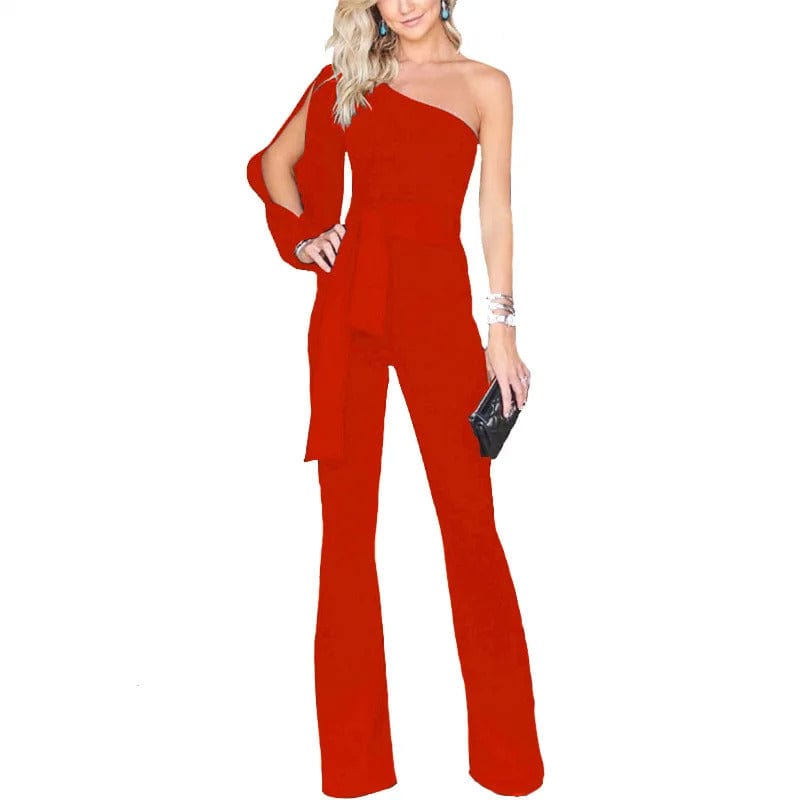 Women's One-Shoulder Jumpsuit - Belted Waist - Wide-Leg Elegant Party Wear