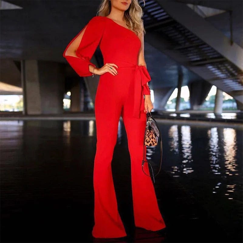 Women's One-Shoulder Jumpsuit - Belted Waist - Wide-Leg Elegant Party Wear