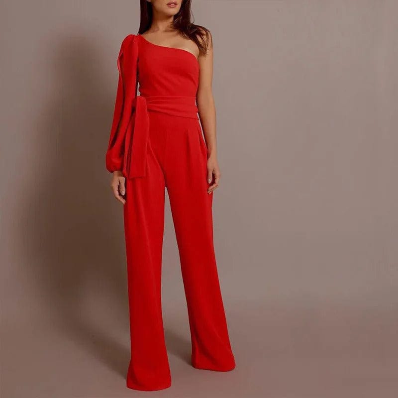 Women's One-Shoulder Jumpsuit - Belted Waist - Wide-Leg Elegant Party Wear