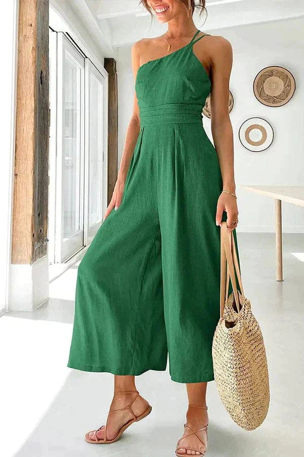 Women’s Jumpsuit – One Shoulder – Fitted Waist – Cropped Wide Leg – Lightweight Fabric