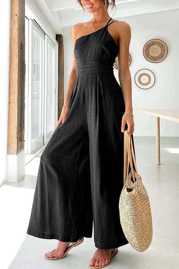 Women’s Jumpsuit – One Shoulder – Fitted Waist – Cropped Wide Leg – Lightweight Fabric