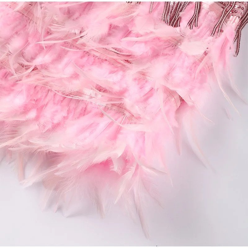 Women’s Mini Dress - Sleeveless Spaghetti Strap - Fringe Detailing - Feather Hem