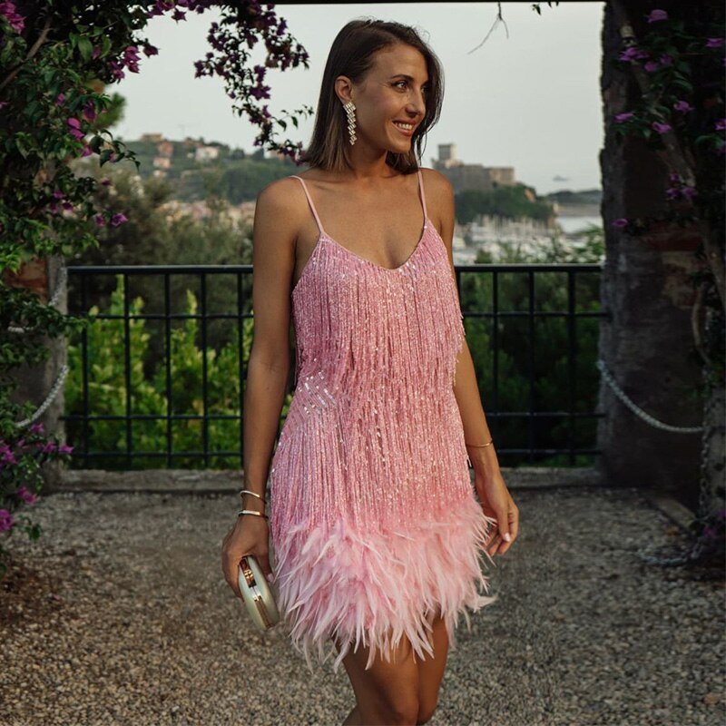 Women’s Mini Dress - Sleeveless Spaghetti Strap - Fringe Detailing - Feather Hem