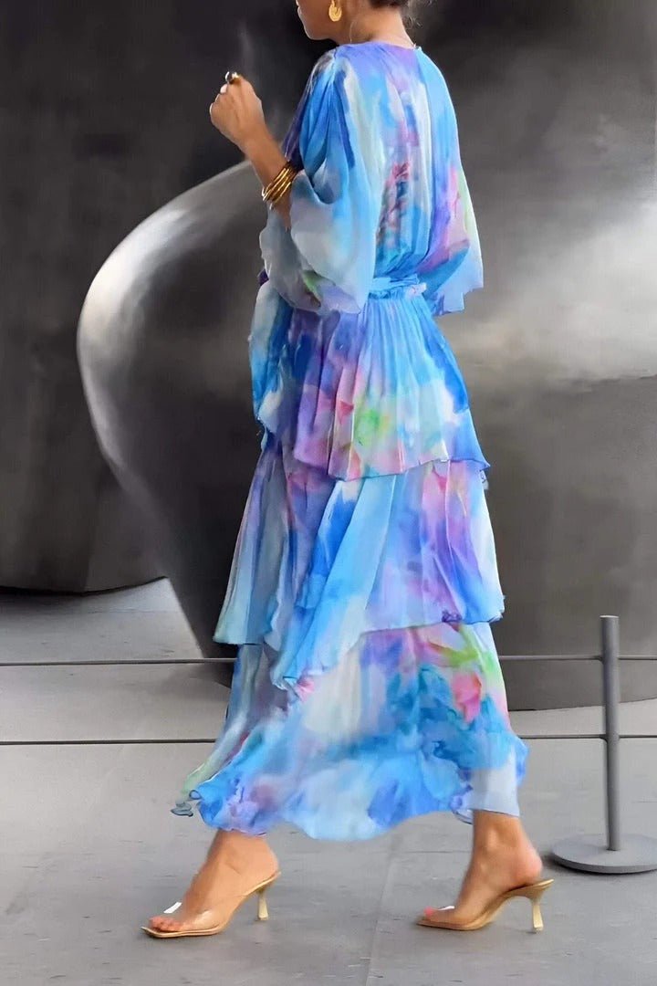 Women’s Maxi Dress – Chiffon Wrap Style – Ruffle Skirt – Puff Sleeve Belted Fit