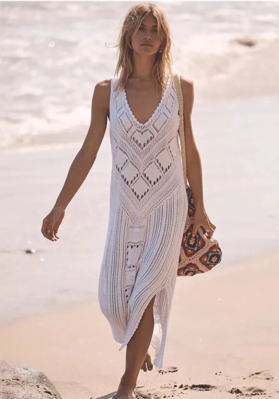 Women’s Mesh Dress – Relaxed Fit – Midi Length – V-Neck – Geometric Knit – Side Slit