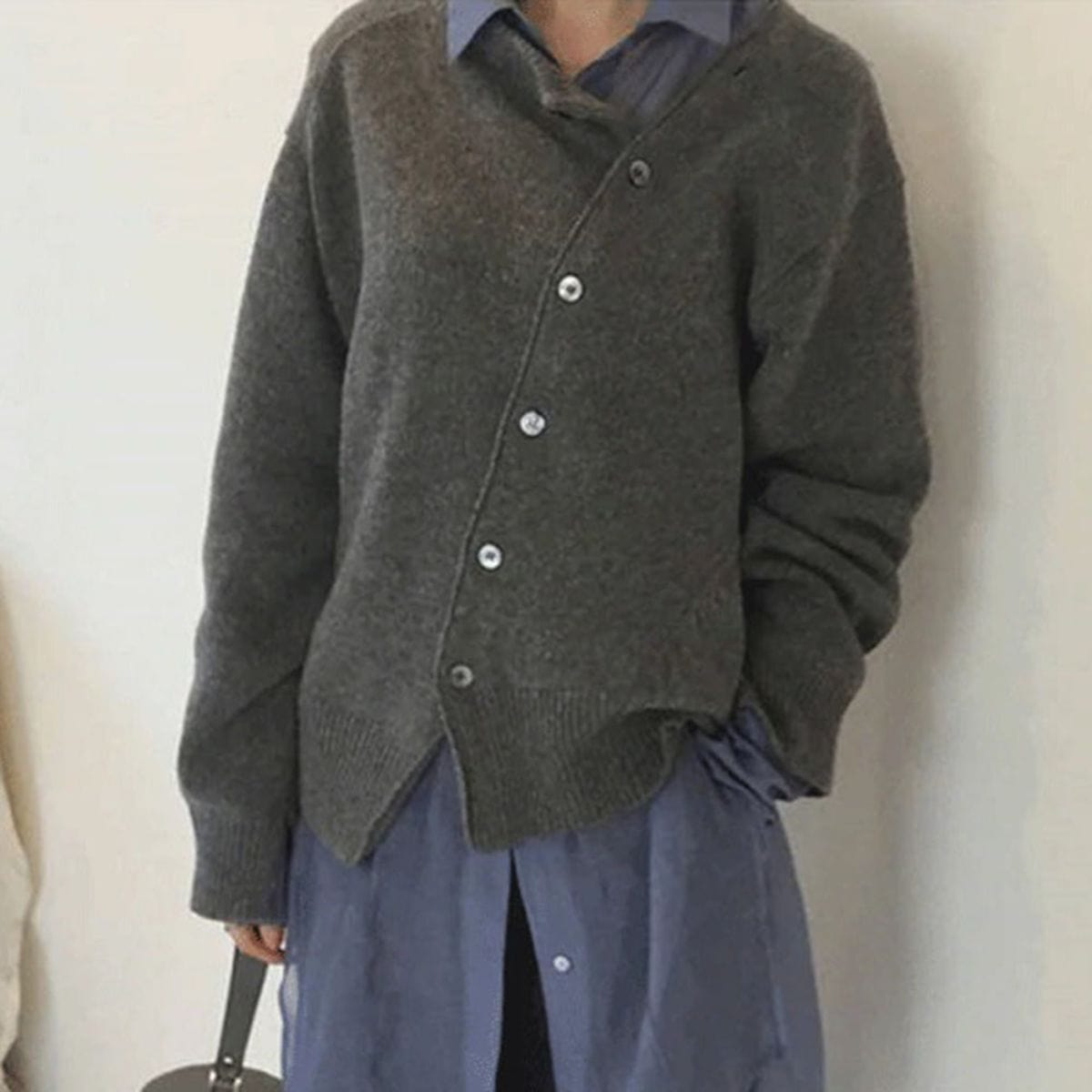 Diagonal Button-Up Knit Cardigan