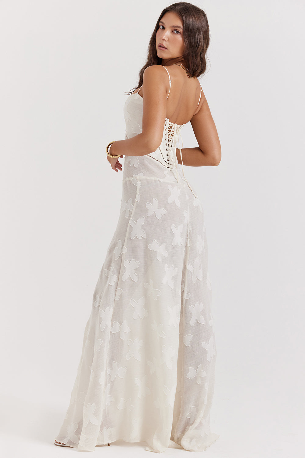 Women’s Maxi Dress – Slim Fit – Floral Appliqué – Lace Back – Spaghetti Straps