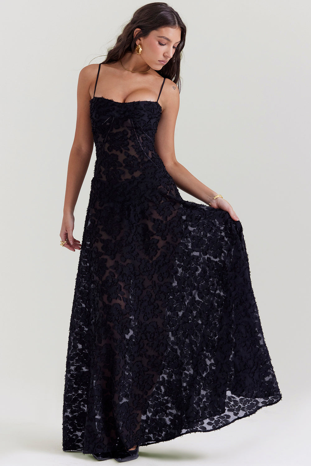 Women’s Maxi Dress – Slim Fit – Floral Appliqué – Lace Back – Spaghetti Straps