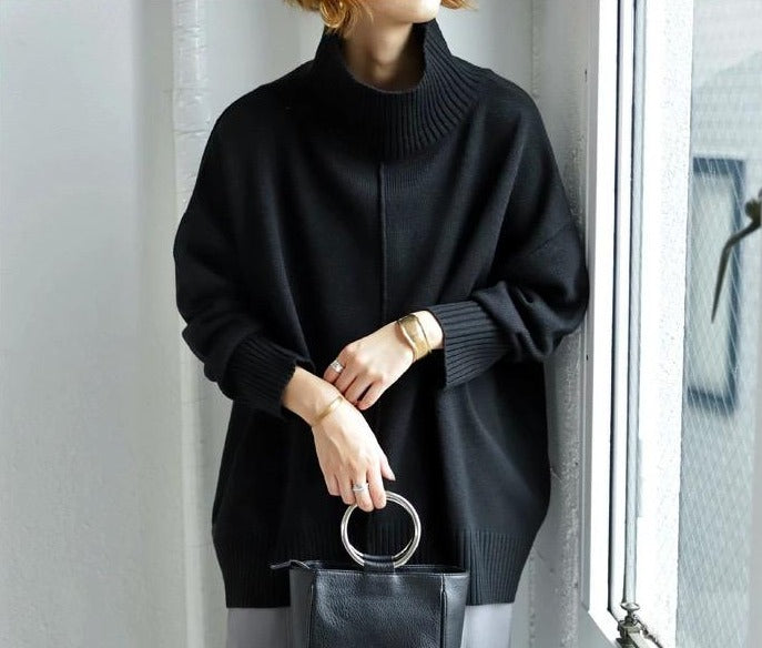 High Neck Long Sleeve Black Sweater