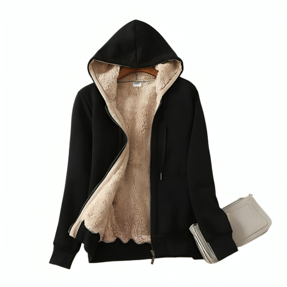 Warm lined hooded jacket for women with zip closure